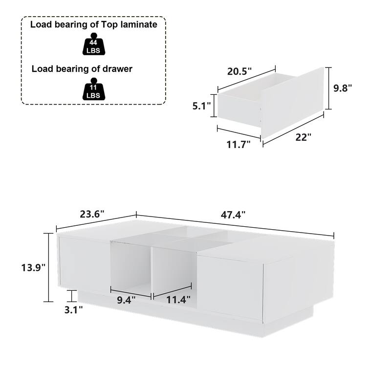 High Gloss LED Coffee Table Sofa Table End Table Sofa Table Glass Top - 47.4"W