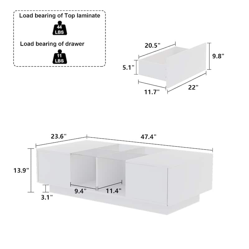 LED Coffee Table Modern High Glossy Coffee Table with Glass Design - 47.4"