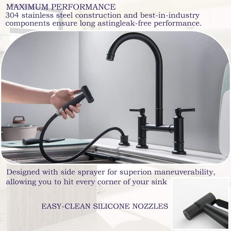 Farmhouse 2-Handle Bridge Gold/Black Kitchen Faucet with 28'' Side Sprayer in Stainless Steel & Brass