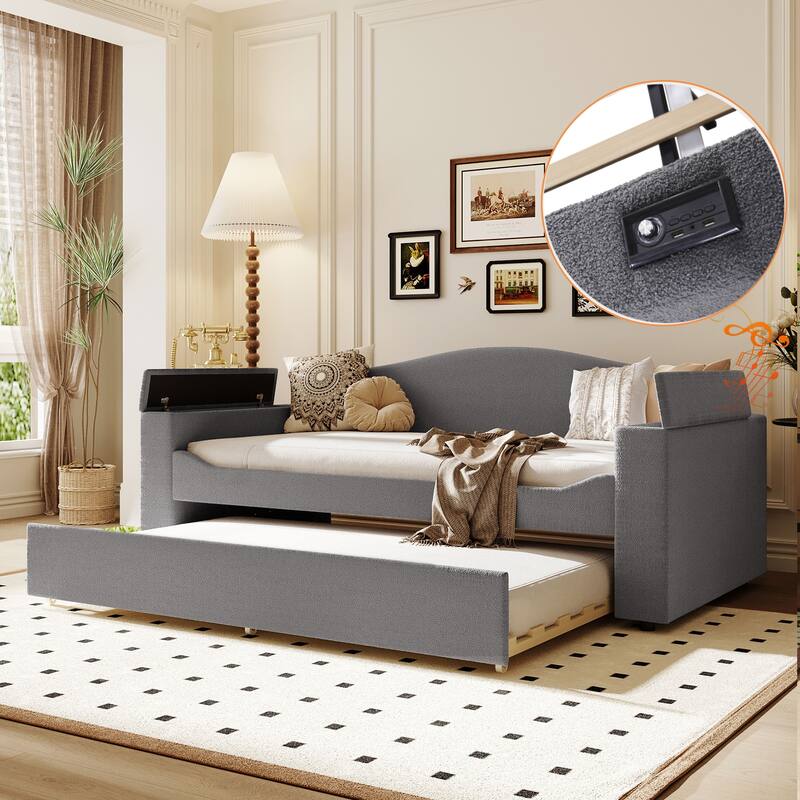 Twin Size Upholstered Daybed with Storage Armrests,Trundle and Latest Integrated Bluetooth Audio System