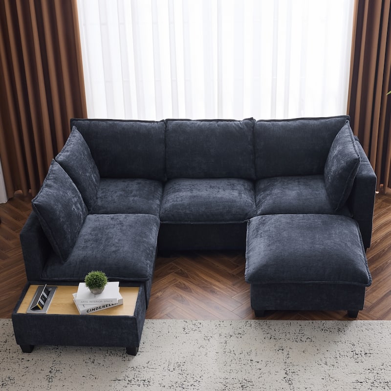 90" Modular U-Shaped Sectional Sofa with a Movable Ottoman,a Coffee Table with Hidden Charging Devices - Blue