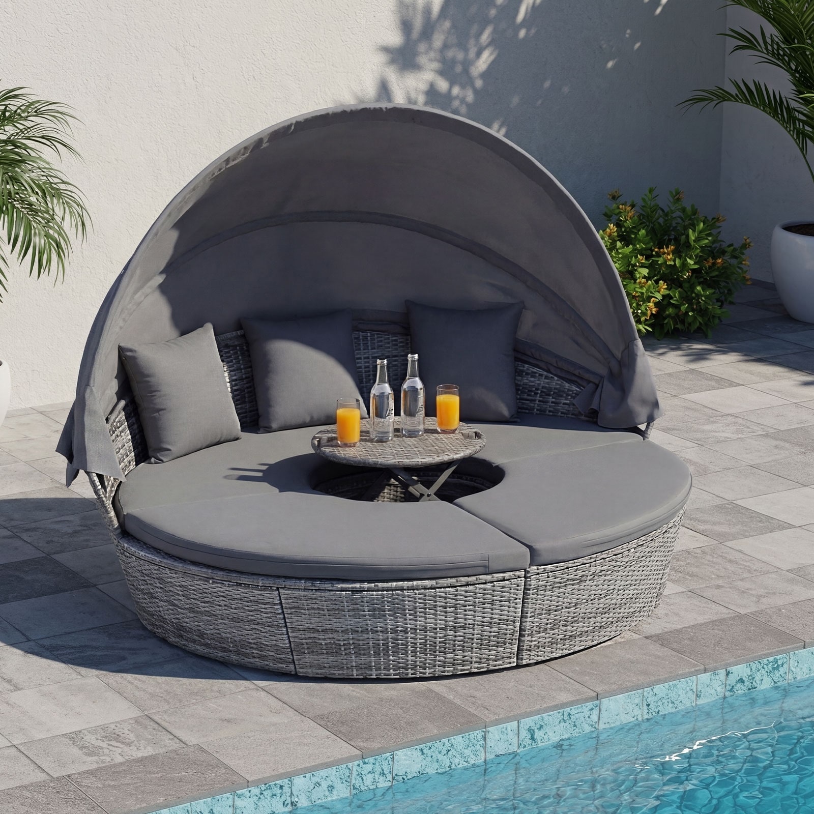 Gymax Patio Round Daybed w/Retractable Canopy Cushions & Throw Pillows