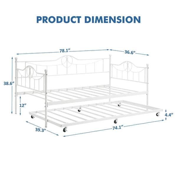 dimension image slide 3 of 5, Heavy Duty Metal Daybed With Trundle Platform Sofa Bed for Bedroom