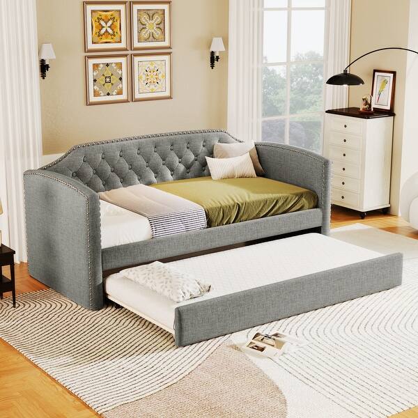 slide 2 of 10, Gray Twin Upholstered Daybed Button Tufting Frame Sofa Bed with Trundle and Silver Nail Head Trim, Curved Arms for Guest Room Gray - Twin