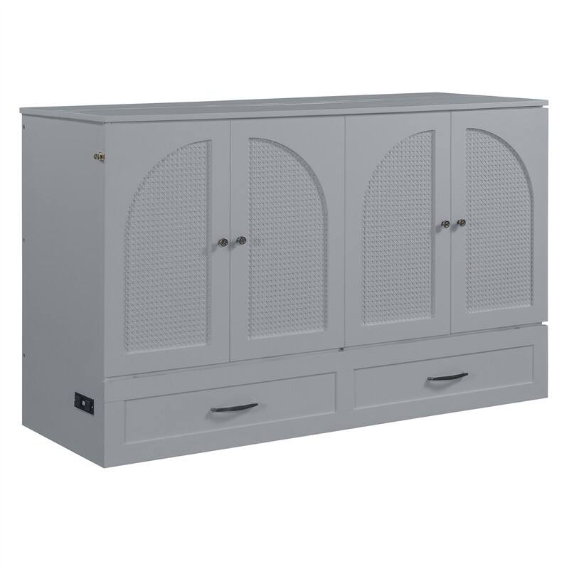 Full/Queen Size Murphy Bed Wall Bed with a Large Drawer, Wooden Space Savig Murphy Cabinet Bed, Folding Murphy Bed Chest