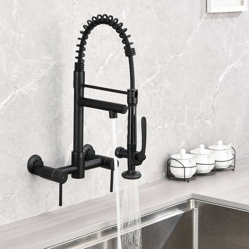 Dornberg Wall Mount Kitchen Faucet with Sprayer, 2 Handle Pull Down Faucet - Matte Black
