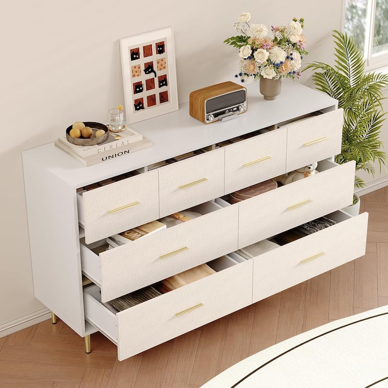 Modern Dresser for Bedroom, Fabric Pattern Chest of Drawer with Gold Metal Handles and Legs