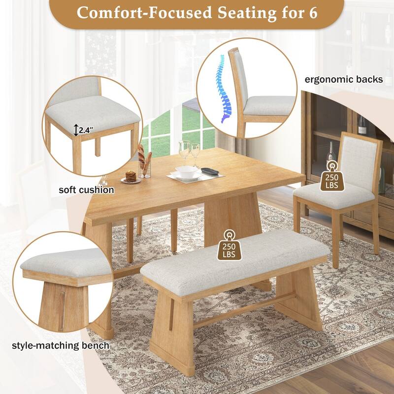 59.8" Farmhouse Dining Table with 4 Upholstered Chairs and 1 Padded Bench