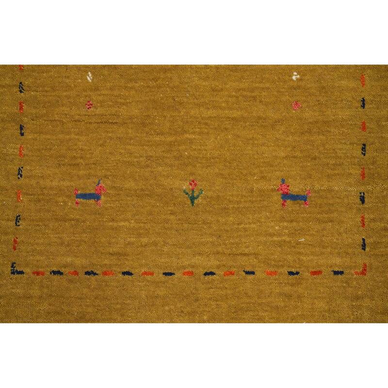 Hand Knotted Oriental 100% Wool Carpet Tribal Animal Pictorial Yellow & Gold Gabbeh Area Rug - 3' 0'' X 2' 0''