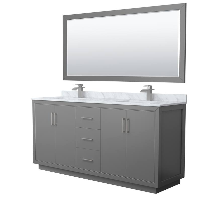 Icon Double Vanity Set, White Carrara Marble Top, 70-Inch Mirror - Dark Gray, Nickel Trim, White Carrara Marble Top