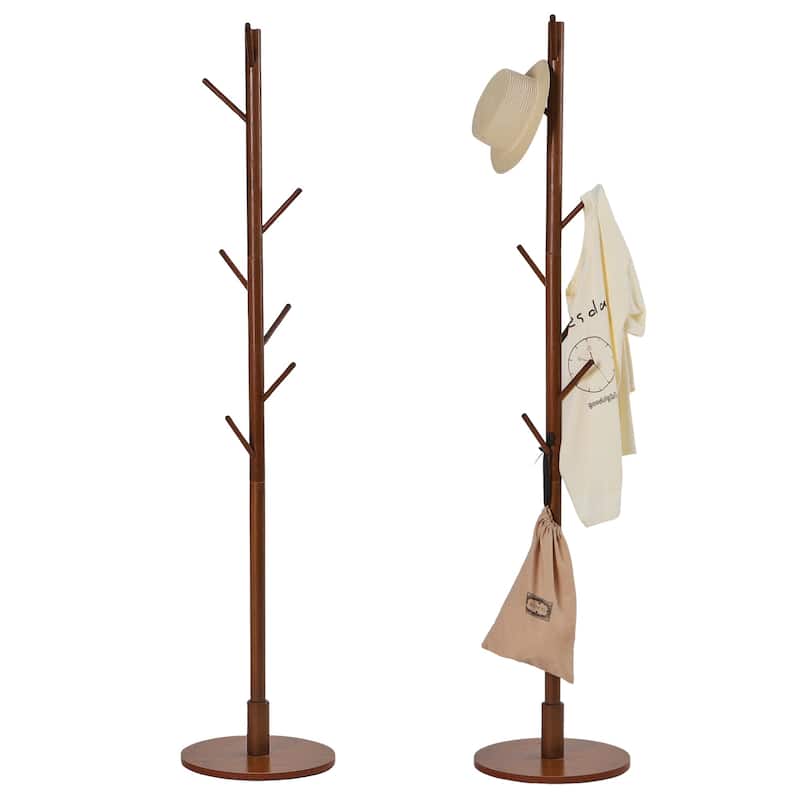 VECELO Brown Height Adjustable Bamboo Tree Coat Rack with 8 Hooks Round Base Freestanding Clothing Rack for Small Spaces