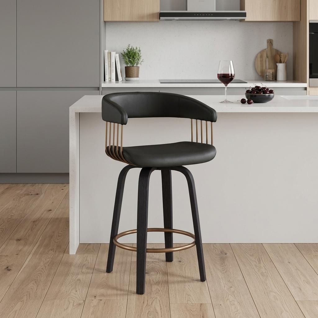 HomeRoots 26" Black Faux Leather And Fabric And Wood Counter Height Swivel Bar Chair