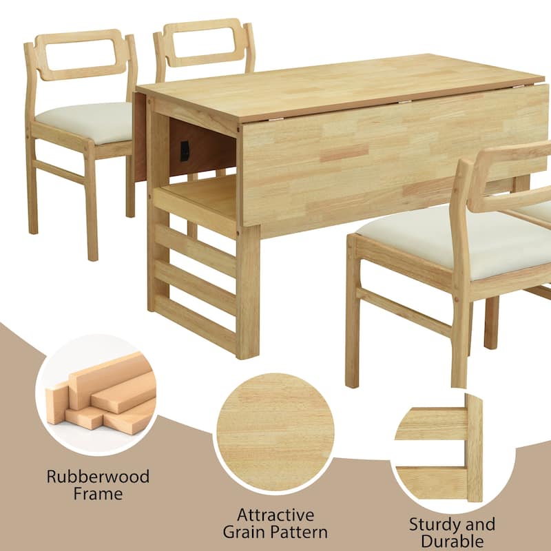 5-Piece Wood Square Dining Table Set, Extendable Kitchen Table with Upholstered Chairs and Storage Shel for Dining Room