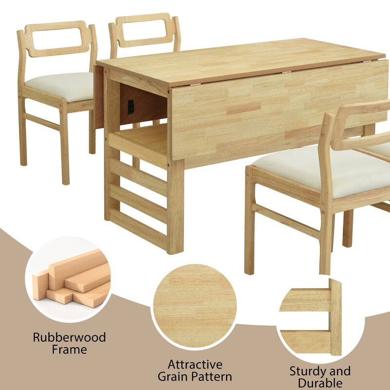 Extendable Wood Dining Table and Chairs Set Mid-Century Modern Dining Table and Chairs Set with 2 Drop Leaves and Storage Shelf