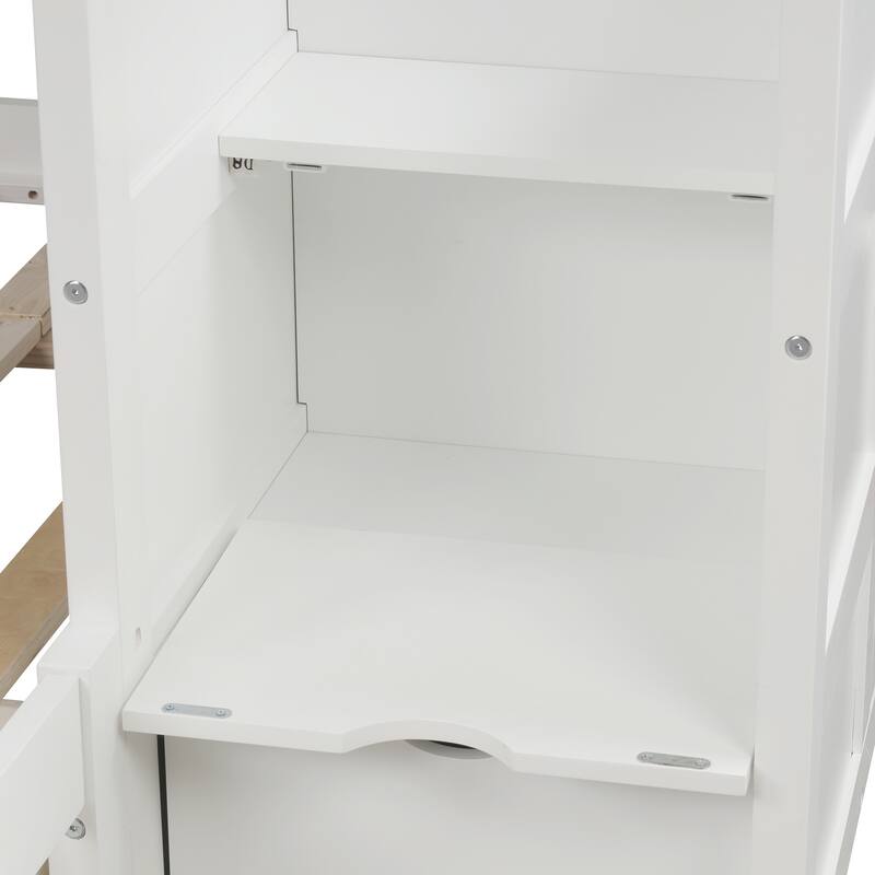 Convertible Twin over Full Bunk Bed with Storage Drawers, Shelves and Safety Rails, White