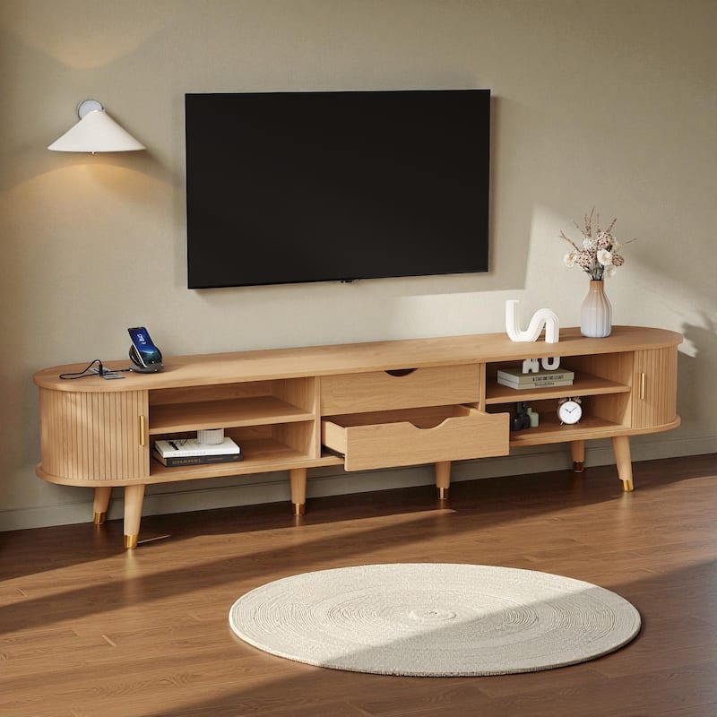 74.8'' Mid-Century Wooden Oval Fluted TV Stand with Charging Station, Sliding Tambour Door & Drawers for 80'' TV