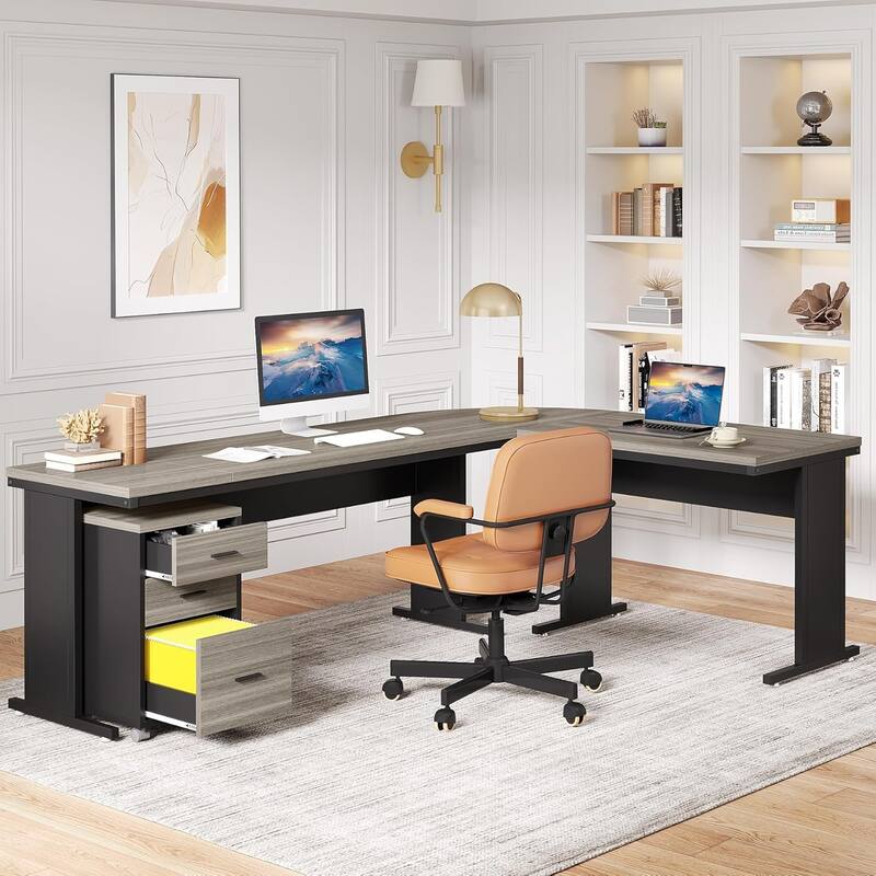 83" L-Shaped Executive Desk, Large Industrial Corner Computer Table Gray & Black