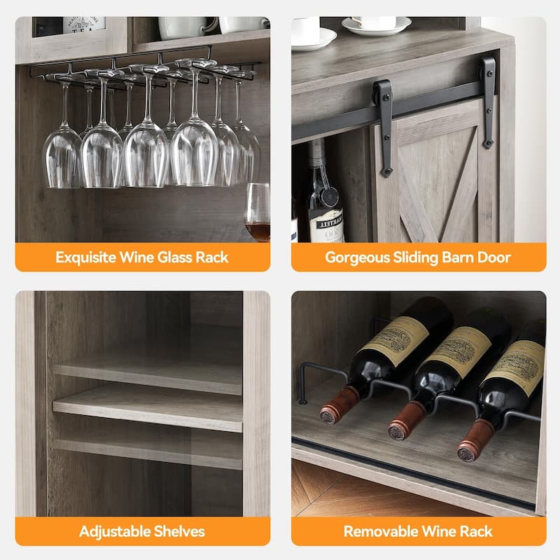 70'' Wine Bar Cabinet with Storage Hutch, Tall Coffee Bar Cabinet with Sliding Barn Doors, Bottle Glasses Rack
