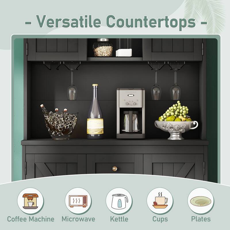 Roomfitters Farmhouse Coffee Bar Cabinet with Wine Storage, Buffet Sideboard with Glass Racks and Shelves