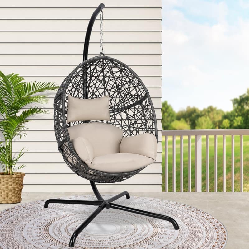 Oversized Outdoor Egg Chair with Stand, 450lbs Capacity Wicker Hanging Swing Chair, Extra Large Patio Lounge Chair with Cushions