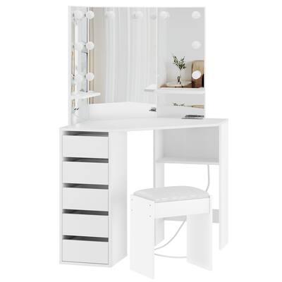 Table with Mirror Lamp,Dressing Table with Charging, 5 Drawers