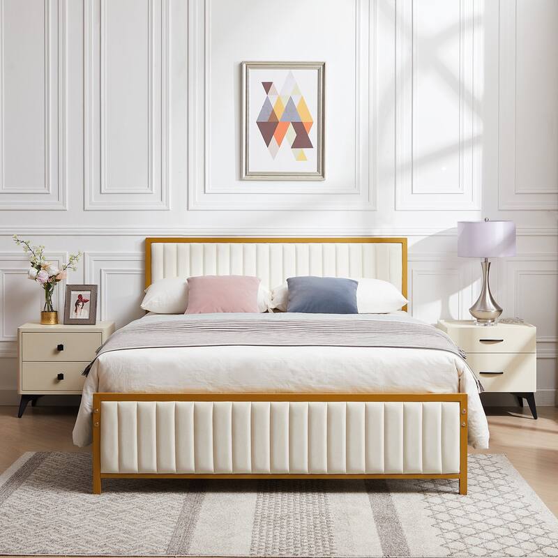 Javlergo Bed Frames with Upholstered Tufted Headboard and Footboard, Heavy Duty Steel Slats Platform, No Box Spring Needed