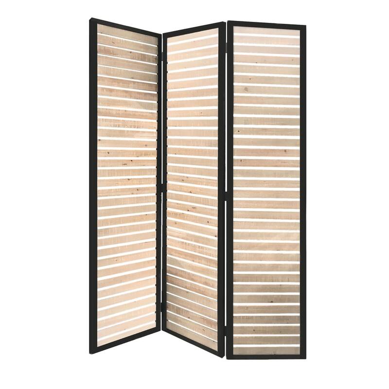 HomeRoots 67" Natural Wood and Iron Folding Three Panel Screen Room Divider - 41' X '67' X '1.5