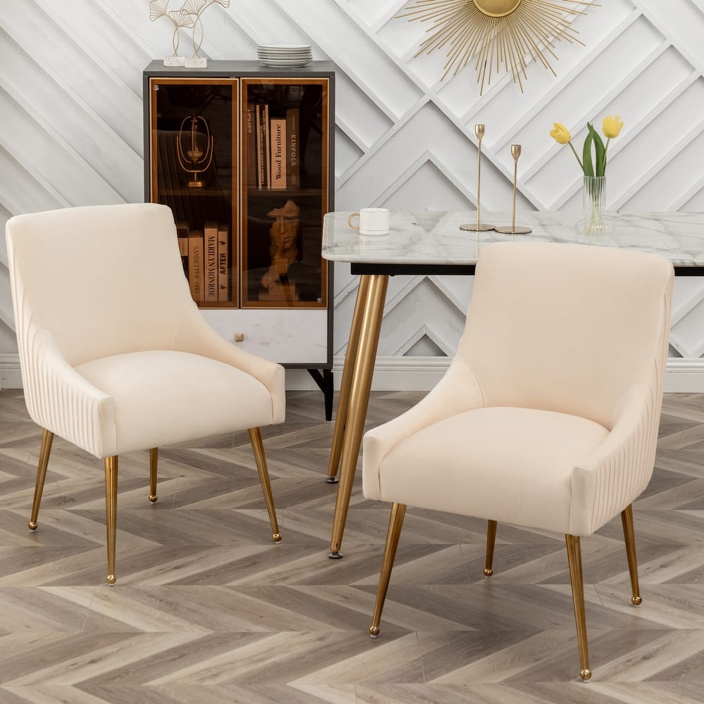 SEYNAR Modern Glam Boucle Pleated Velvet Dining Chair or Vanity Chair Set of 2 with Rear Handle