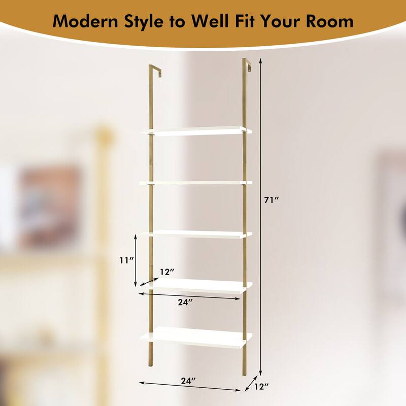 Gymax 5 Tier Ladder Shelf 71'' Open Wall-Mounted Bookcase with Golden