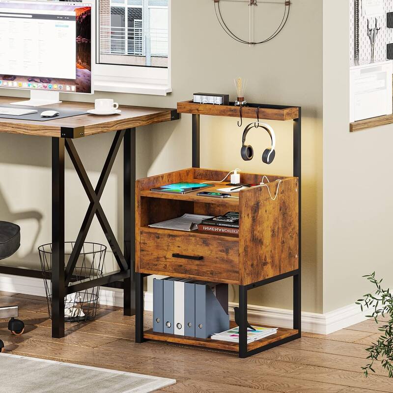 Nightstand with 1 Drawer Shelf USB Ports End Side Table