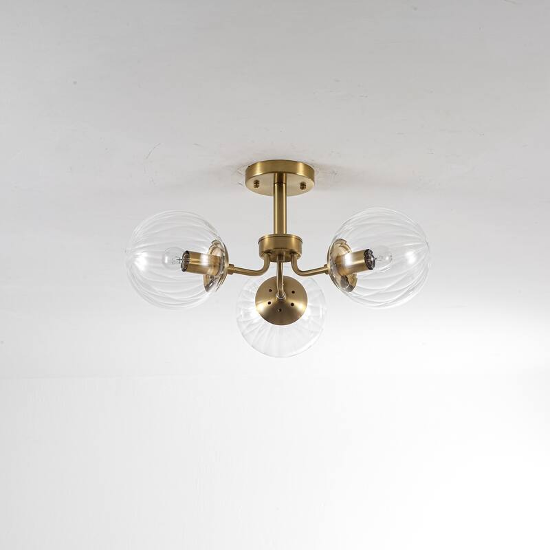 3-Light Mid-Century Modern Gold Sputnik Semi-Flush Mount Light with Clear Ribbed Glass Globe for Living Room, Entryway