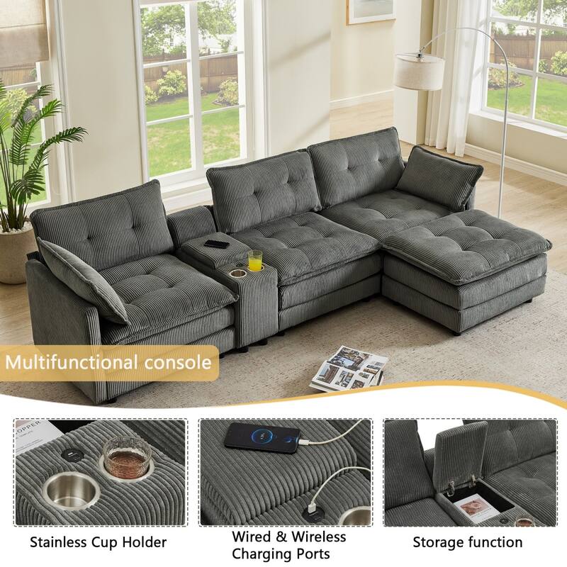119.2" L-Shaped Corduroy Sectional Sofa with Console and Ottoman