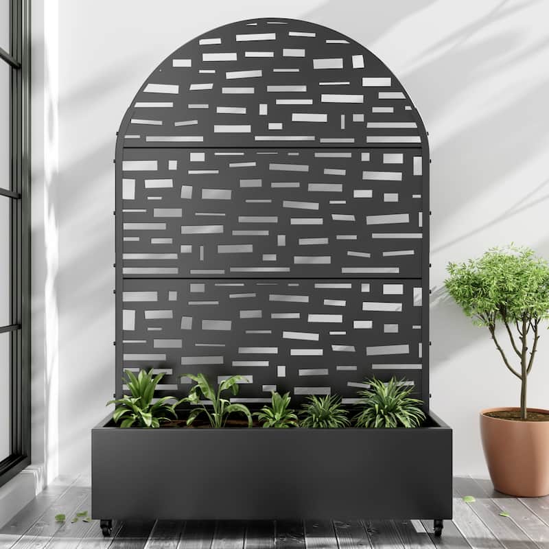 Metal Movable Planter Box with Trellis Privacy Screen Planter Box with Lockable Wheels - Black4