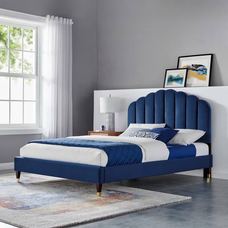 Daisy Performance Velvet Platform Bed Wood and Gold Legs - Navy