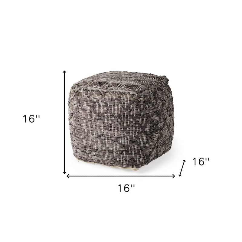 HomeRoots 16" Brown and Gray Cotton And Leather Geometric Cube Pouf Ottoman