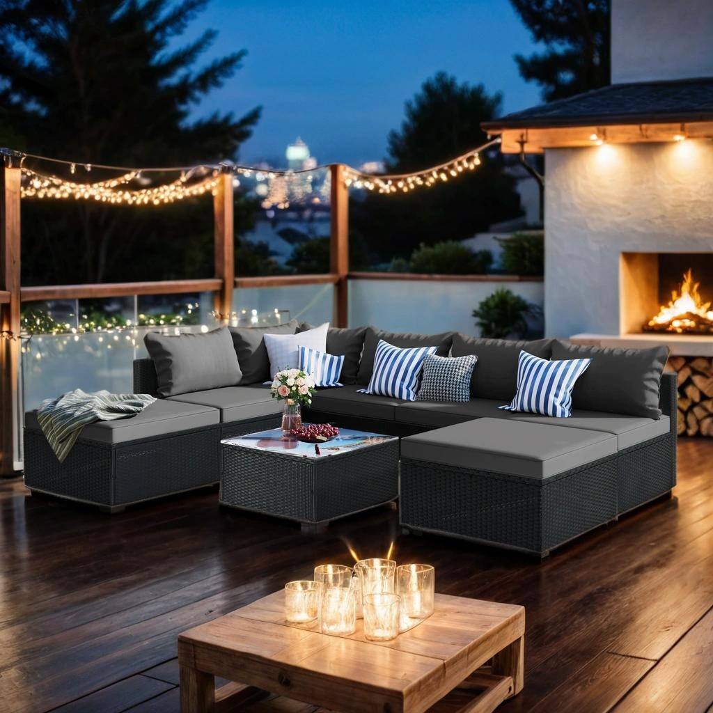 8-Pieces Outdoor Patio Furniture Sets, Garden Conversation Wicker Sofa Set, Single Sofa Combinable, Grey Cushions Gray Wicker