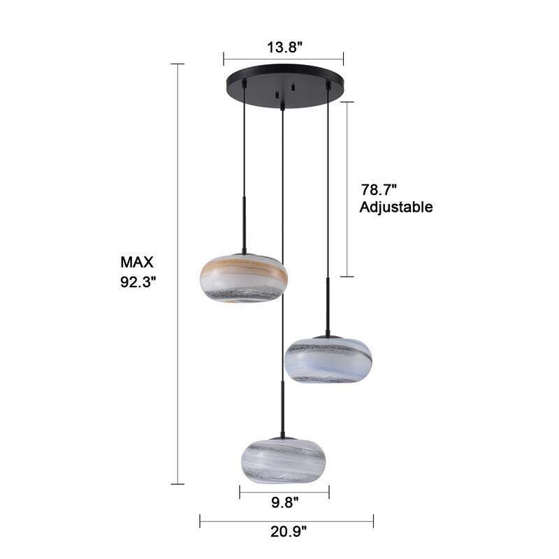 3-Light Cluster Coastal LED Chandelier, Colored Glass Kitchen Island Pendant Light - Black