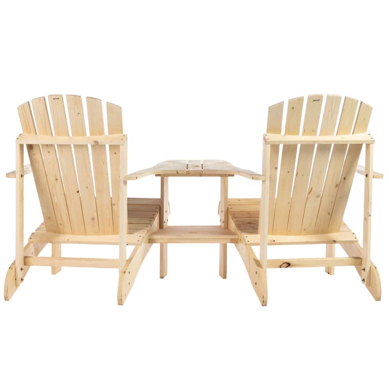 Patio Wooden Adirondack Chair for Two, Outdoor Fire Pit Chair Set with Table & Umbrella Hole