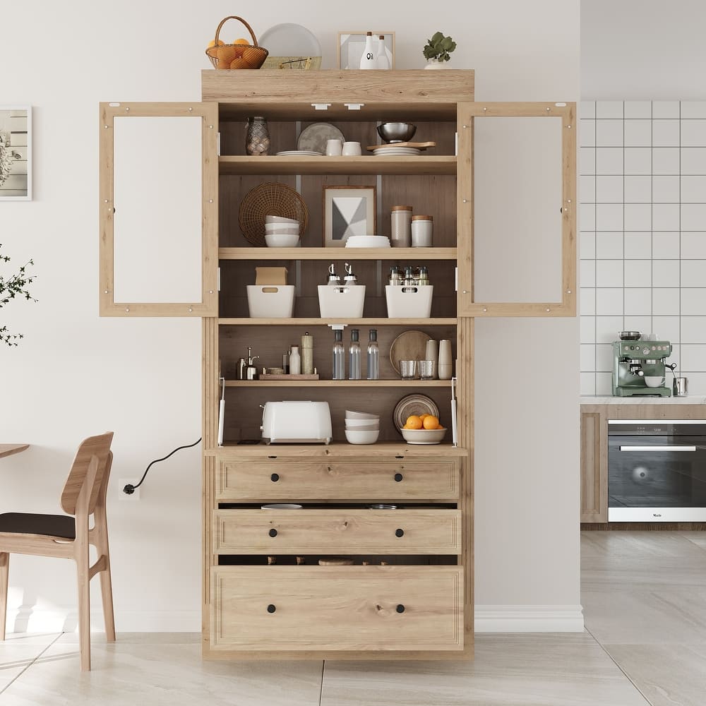 Roomfitters 78 Inch Tall Kitchen Pantry Storage Cabinet with Power Outlet and Drop-Down Surface