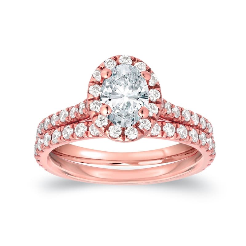 Auriya 14k Rose Gold 1ctw Halo Oval Diamond Engagement Ring Set - 4