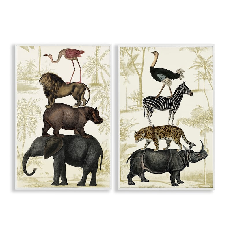 Stupell Stacked Safari Animals Framed Giclee Art Design By Victoria Barnes (Set of 2) - 12 x 18 - White