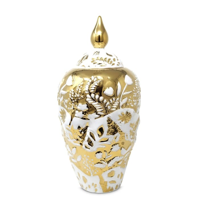 Ornate White and Gold Ginger Jar - White/Gold