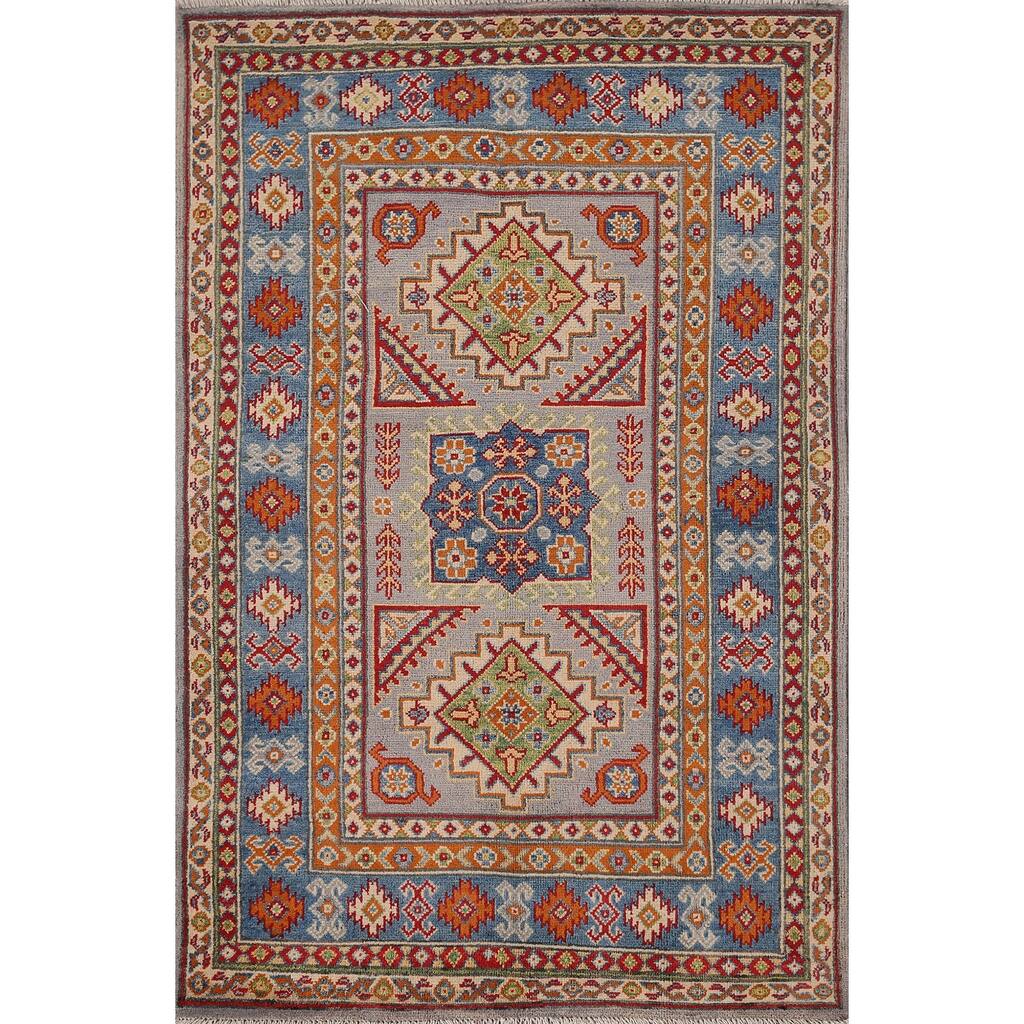 Traditional Grey Kazak Foyer Rug Hand-Knotted Wool Carpet - 3'4" x 5'0"