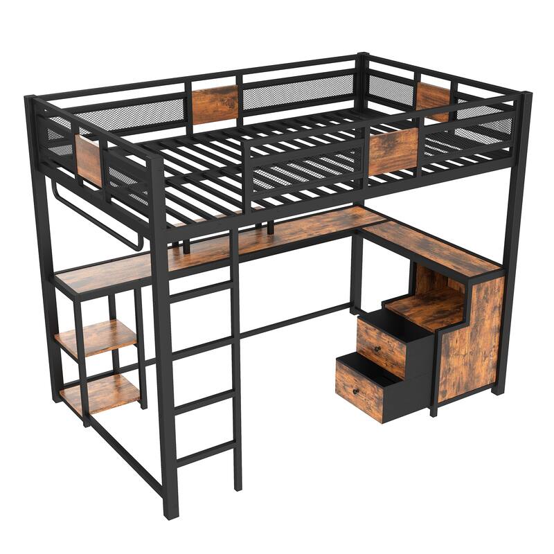 Queen Loft Bed with Desk and Storage, Metal Frame, No Box Spring Needed