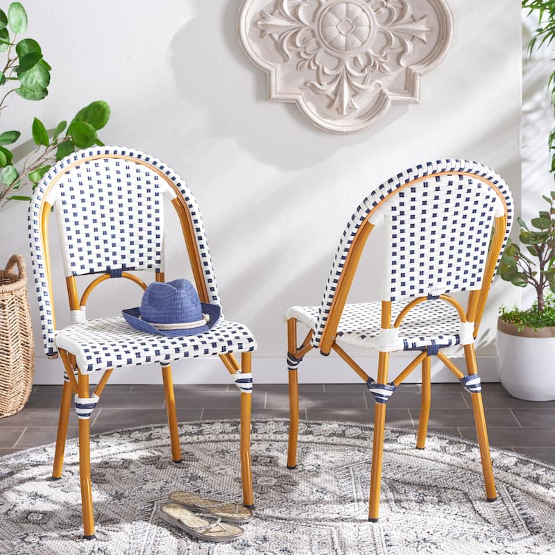 SAFAVIEH Emiliana Outdoor Side Chair Set of 2 (Fully Assembled) - 20Wx35Dx22H - White/Navy