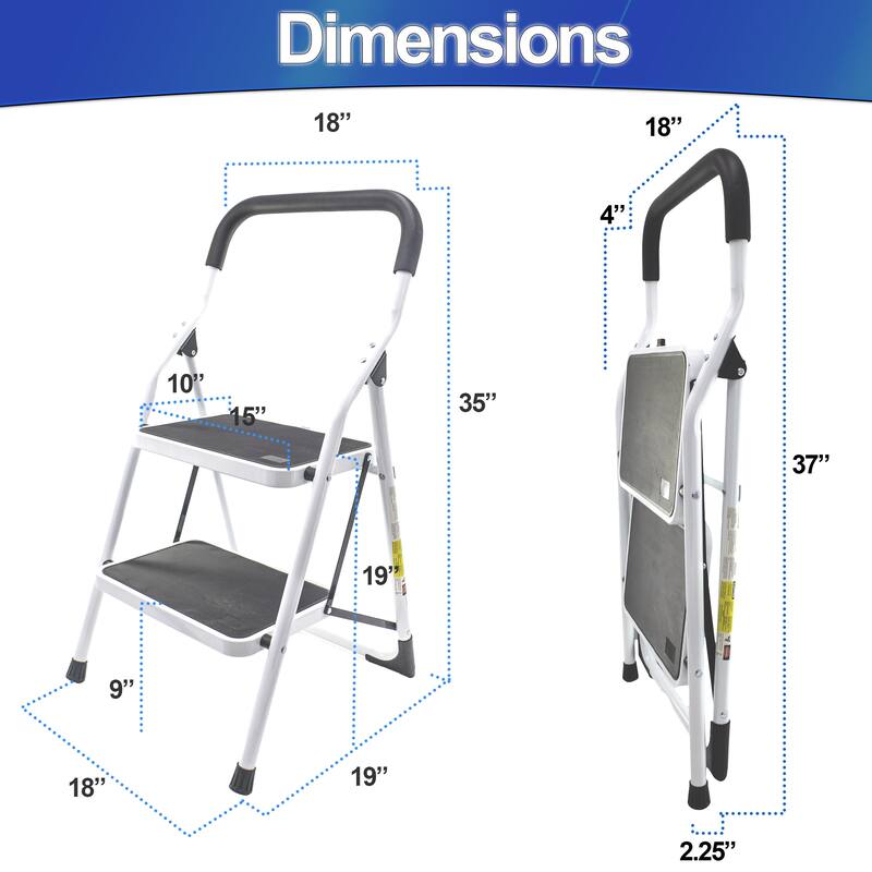 Metal 2 Step Stool Ladder Foldable with Non Slip Ergonomic Handle & Platform
