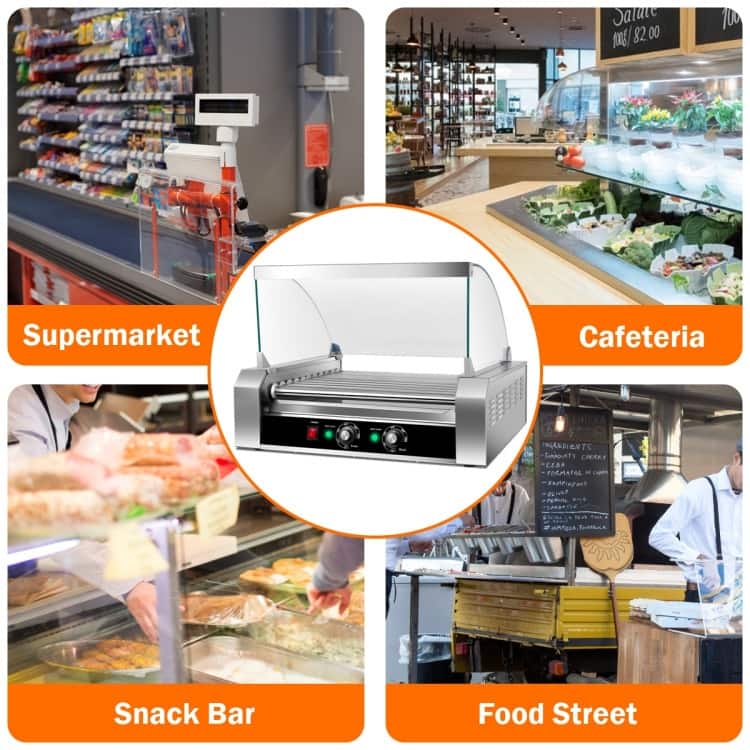 Commercial 11-Roller Hot Dog Machine Stainless Steel Grill with Glass Hood 30 Hot Dogs - 23" x 20" x 16.5" (L x W x H)