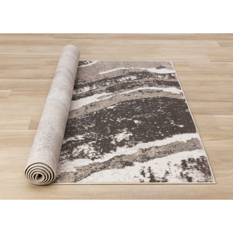 Grey Cream Beige Abstract Marble Pattern Area Rug, 5'3" x 7'7"