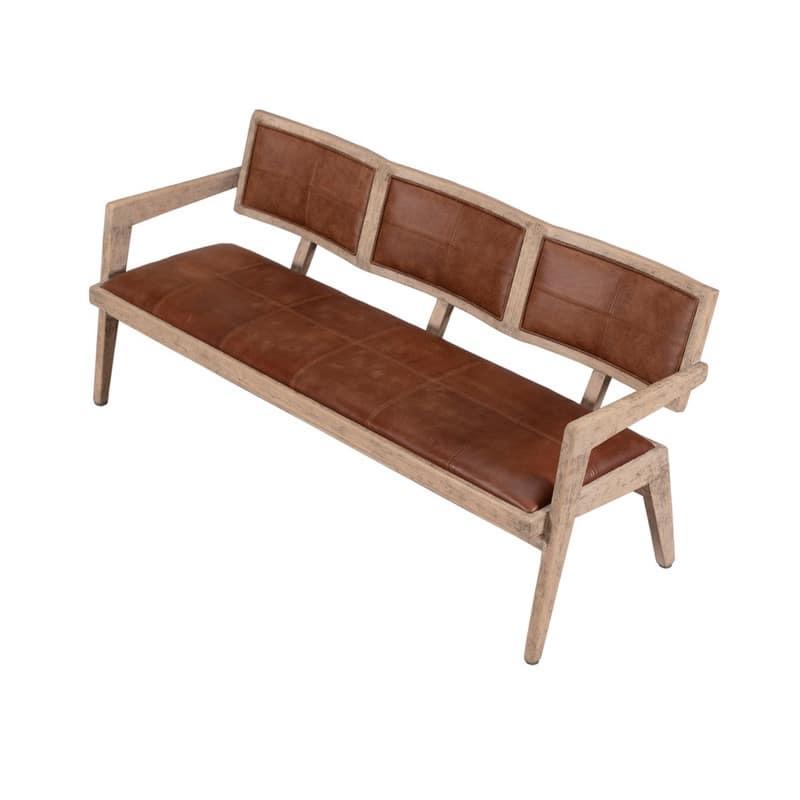 Mid-Century Woven Leather Arm Bench Weathered Natural