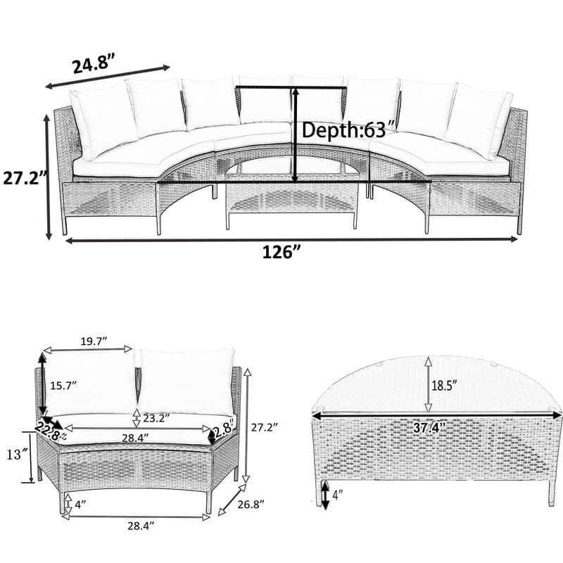5-Piece All-Weather Brown PE Rattan Sectional Set – Half-Moon Outdoor Sofa with Tempered Glass Table for Patio & Garden